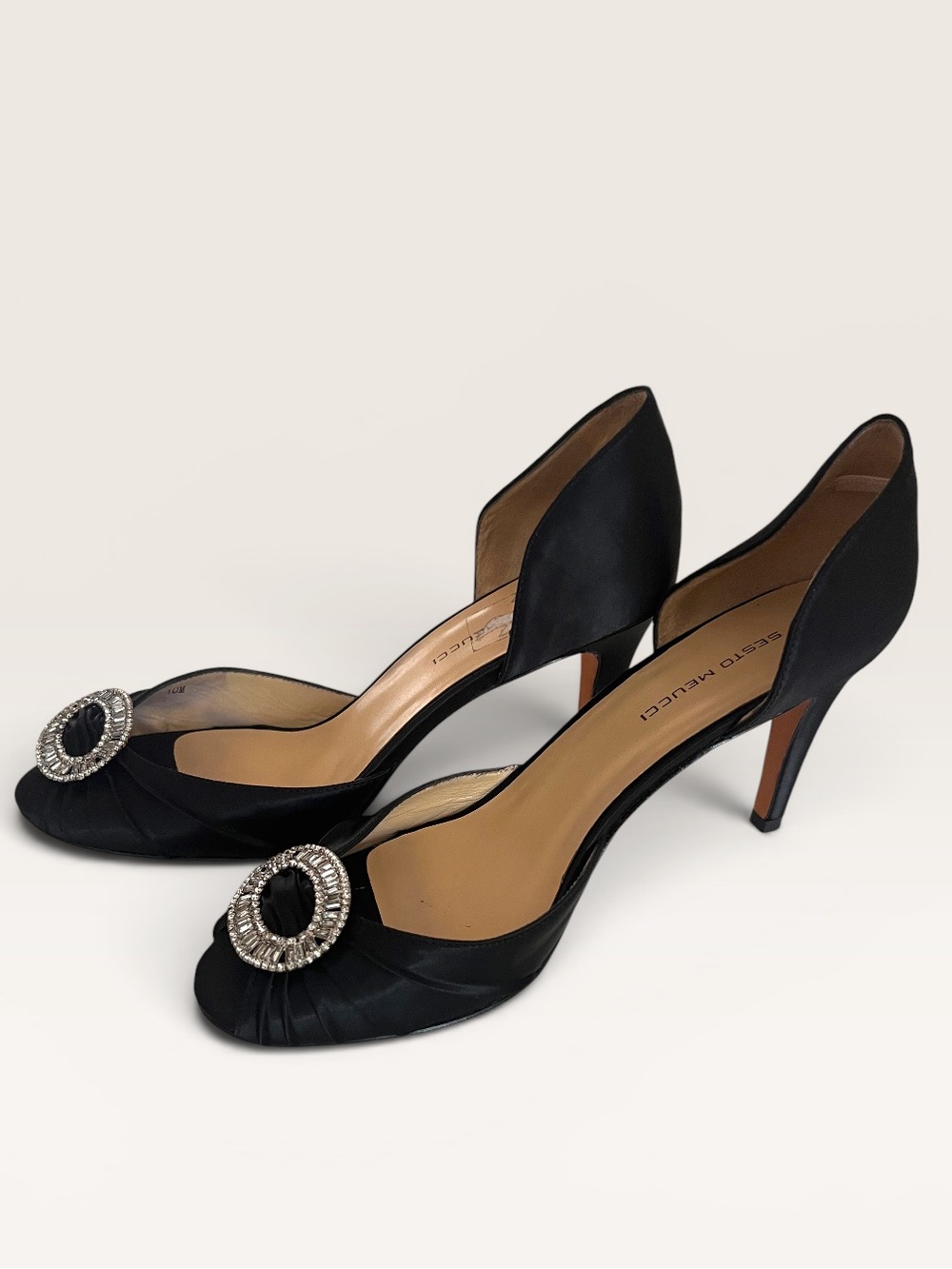 Sesto Meucci Black Satin Pumps with Crystal